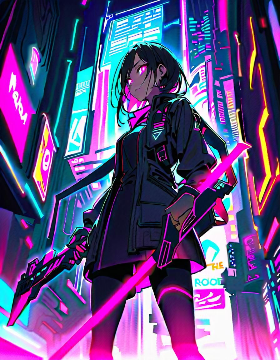  a handsome young man, brandishing a futuristic weapon, confident and fierce, break a colorful cyberpunk city, neon lit streets, graffiti, holographic billboards, futuristic vehicles, and neon signs, break energetic and vibrant, dynamic motion lines and glowing neon effects,