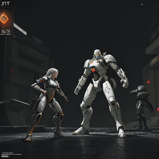  a huge white mecha with orange glowing eyes is fighting against three tiny soldiers in a scifi style. the art style is anime with detailed character designs in the style of yoji shinkawa and dominik mayer. the scene depicts a night time city battle with a strong contrast between light and dark. intricate details and an epic composition are featured. the art may have been created using unreal engine and daz3d to achieve a hyperrealistic and intense atmosphere. cinematic.