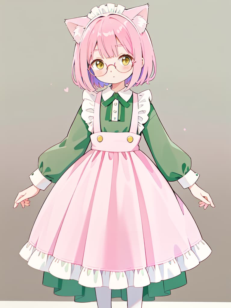  cat ears, green maid clothes, brown eyes, standing picture, round glasses, pink hair bob, no background, whole body, masterpiece, best quality,8k,ultra detailed,high resolution,an extremely delicate and beautiful,hyper detail