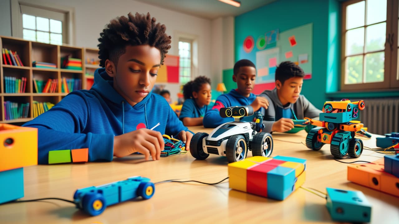  a colorful classroom scene with diverse elementary students eagerly assembling simple robotic kits, surrounded by tools, wires, and gears, while a friendly robot model stands nearby, showcasing creativity and collaboration. hyperrealistic, full body, detailed clothing, highly detailed, cinematic lighting, stunningly beautiful, intricate, sharp focus, f/1. 8, 85mm, (centered image composition), (professionally color graded), ((bright soft diffused light)), volumetric fog, trending on instagram, trending on tumblr, HDR 4K, 8K