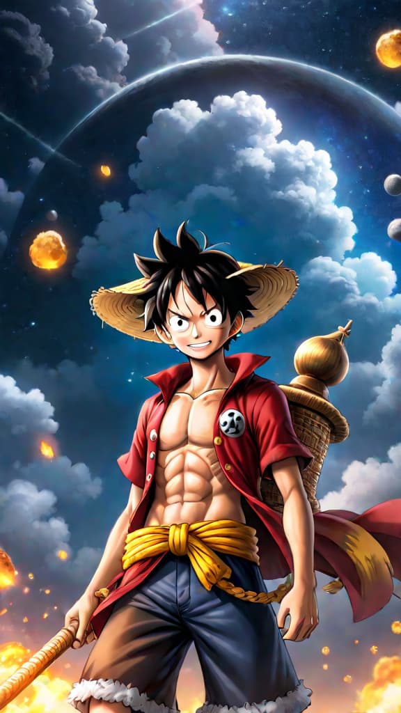  anime art: luffy's cosmic journey towards raftel and one piece guided by celestial signs. hyperrealistic, full body, detailed clothing, highly detailed, cinematic lighting, stunningly beautiful, intricate, sharp focus, f/1. 8, 85mm, (centered image composition), (professionally color graded), ((bright soft diffused light)), volumetric fog, trending on instagram, trending on tumblr, HDR 4K, 8K