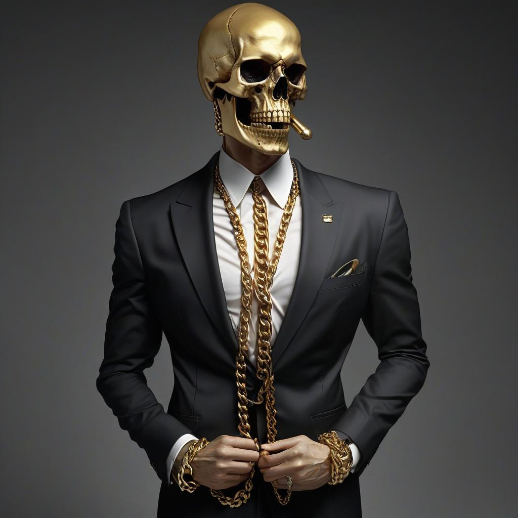  in a solid business suit, with a heavy gold chain on a pumped neck and a shaved skull. "tough uncle"