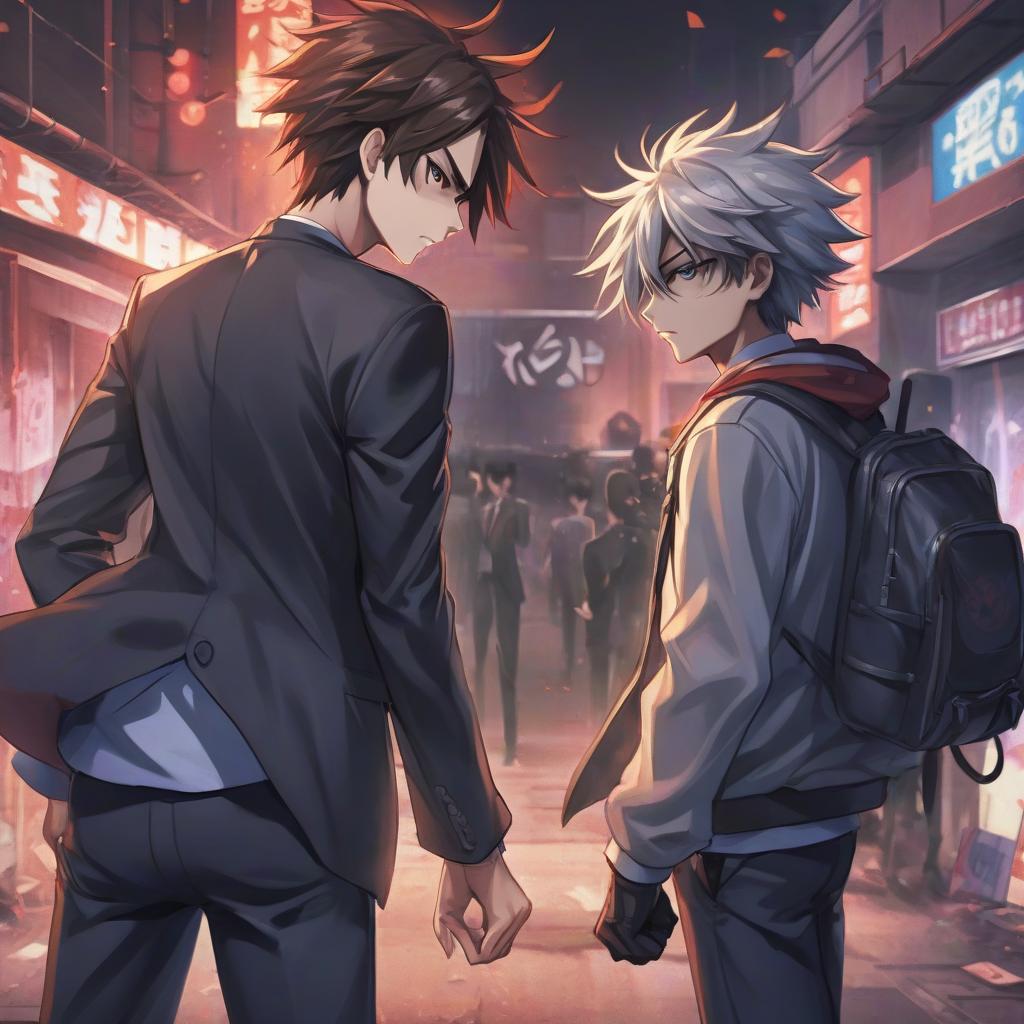  anime artwork a good guy and a bad guy have their backs on each other . anime style, key visual, vibrant, studio anime, highly detailed