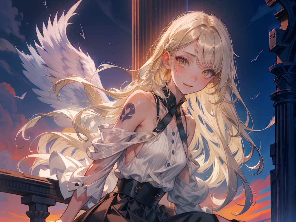  silhouette, solo, cloudy sky, beautiful sunset, stunning background, (upper body:1.2), highly detailed, masterpiece, best quality, solo, pale, thin, shy dark yellow eyes, blonde long curvy hair, faint scars, thigh high heels, skirt, demon wings, tattoos, envious, crazy smile, throne