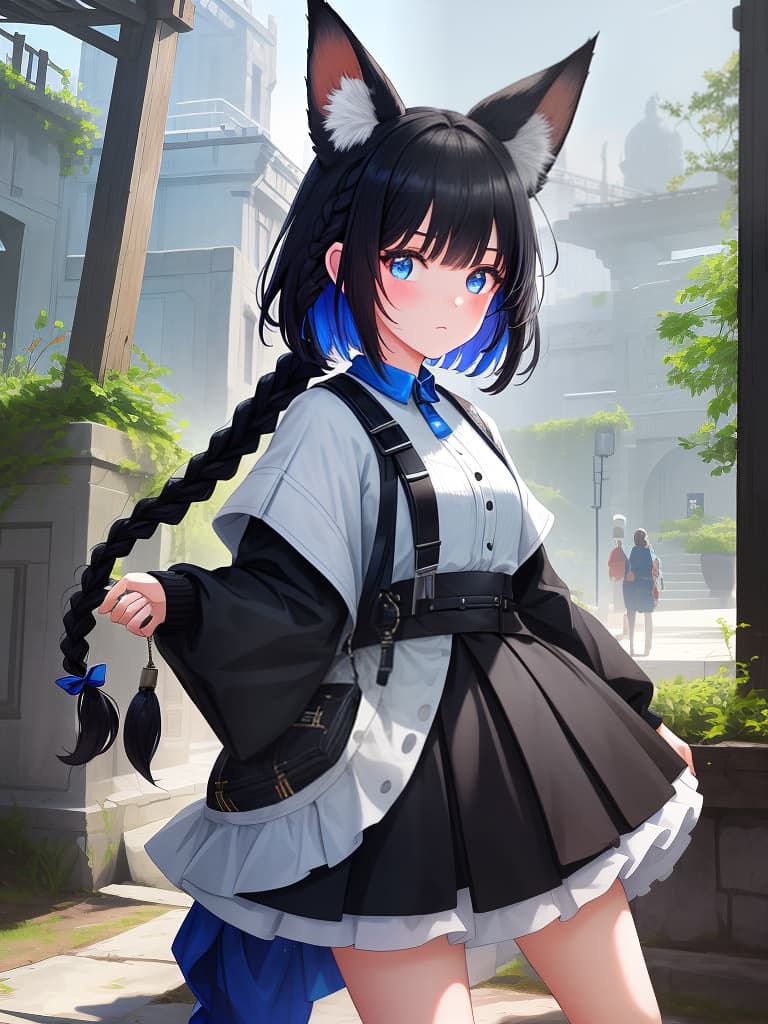  girl, braided ears, cool, dull clothes, short hair, fox ears, black hair, blue, masterpiece, best quality,8k,ultra detailed,high resolution,an extremely delicate and beautiful,hyper detail