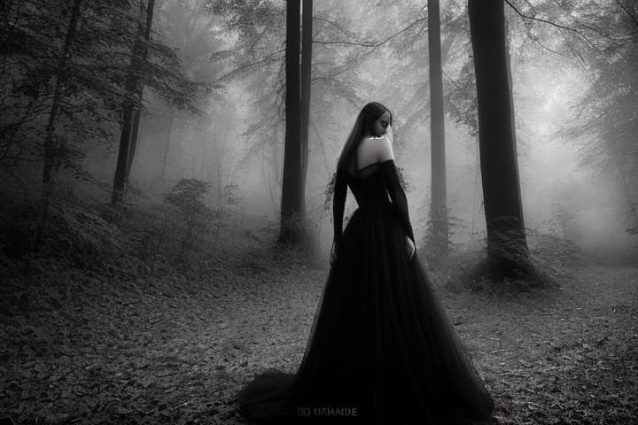  a stunning girl in a flowing black dress, standing in a dark, misty forest. her dress merges with the shadows, creating a seamless blend with the eerie surroundings. faint moonlight filters through the dense tree branches, casting soft highlights on her figure. her eyes are hauntingly captivating, filled with longing and mystery. the atmosphere is magical, with hints of hidden secrets lurking in the shadows. the scene is styled and realistic, with intricate details of the forest and the girl's expression.