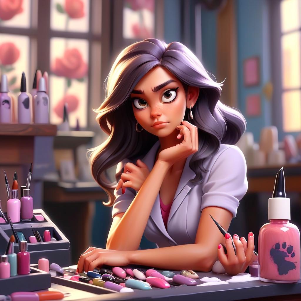  concept art cute young woman with paws and claws at nail design studio . digital artwork, illustrative, painterly, matte painting, highly detailed, perfect hands, perfecteyes