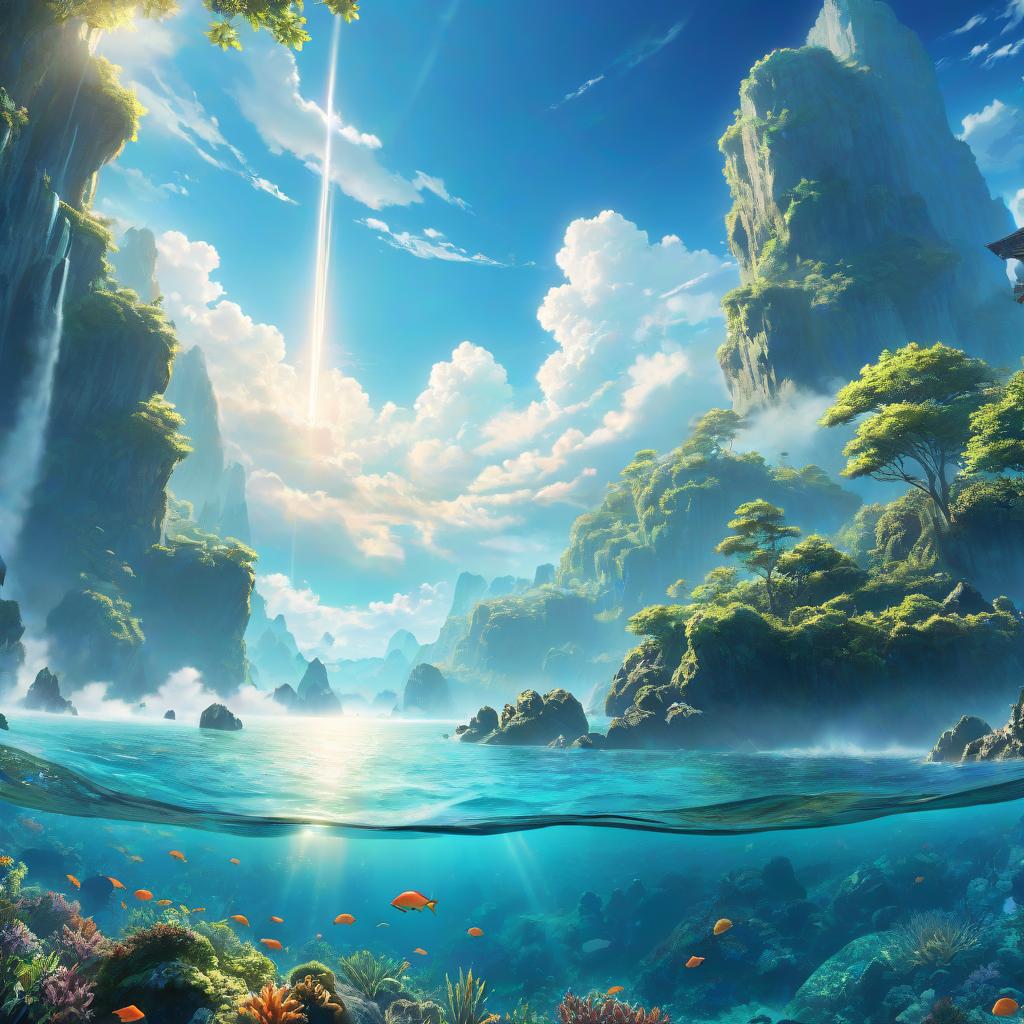  anime artwork landscape. from the bottom of the ocean to the sky . anime style, key visual, vibrant, studio anime, highly detailed, hkmagic hyperrealistic, full body, detailed clothing, highly detailed, cinematic lighting, stunningly beautiful, intricate, sharp focus, f/1. 8, 85mm, (centered image composition), (professionally color graded), ((bright soft diffused light)), volumetric fog, trending on instagram, trending on tumblr, HDR 4K, 8K