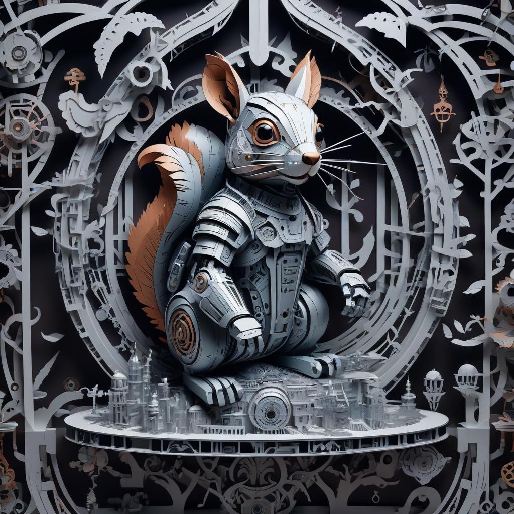  stacked papercut art of cyberpunk, gothic, rococo, robot squirrel. . 3d, layered, dimensional, depth, precision cut, stacked layers, papercut, high contrast