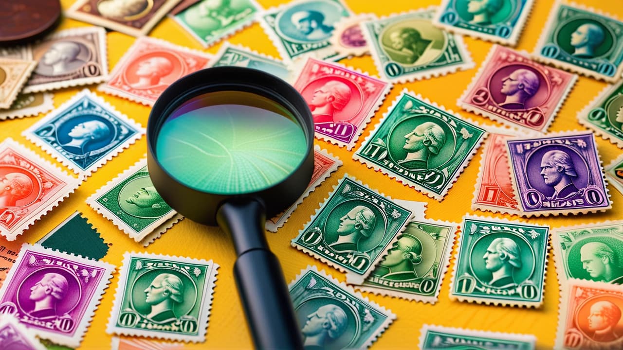  a close up of a vintage stamp collection album, featuring colorful, old stamps with varying designs, textures, and ages. a magnifying glass rests beside it, highlighting a specific stamp, set against a soft, blurred background. hyperrealistic, full body, detailed clothing, highly detailed, cinematic lighting, stunningly beautiful, intricate, sharp focus, f/1. 8, 85mm, (centered image composition), (professionally color graded), ((bright soft diffused light)), volumetric fog, trending on instagram, trending on tumblr, HDR 4K, 8K