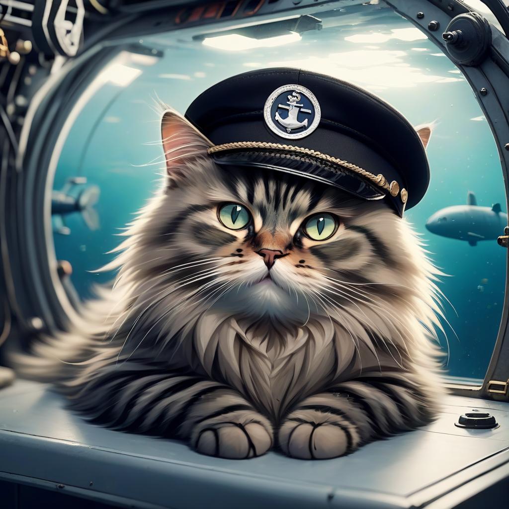  siberian cat in a black cap in a submarine