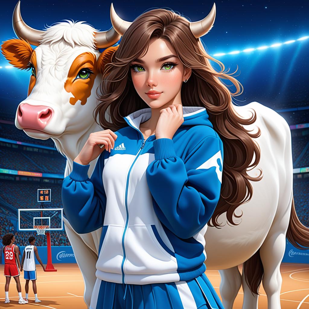  anime art very beautiful, holstaur , whit and brown skin woman, has vitiligo, green eyes, brown hair with white framing highlights, long hair, has cow horns , has cow ears, has cow tails, thin lips, flat eyebrows, delicate nose, square shaped face, large , , blue and white basket ball jersey, basketball court., award winning, professional, highly detailed, masterpiece