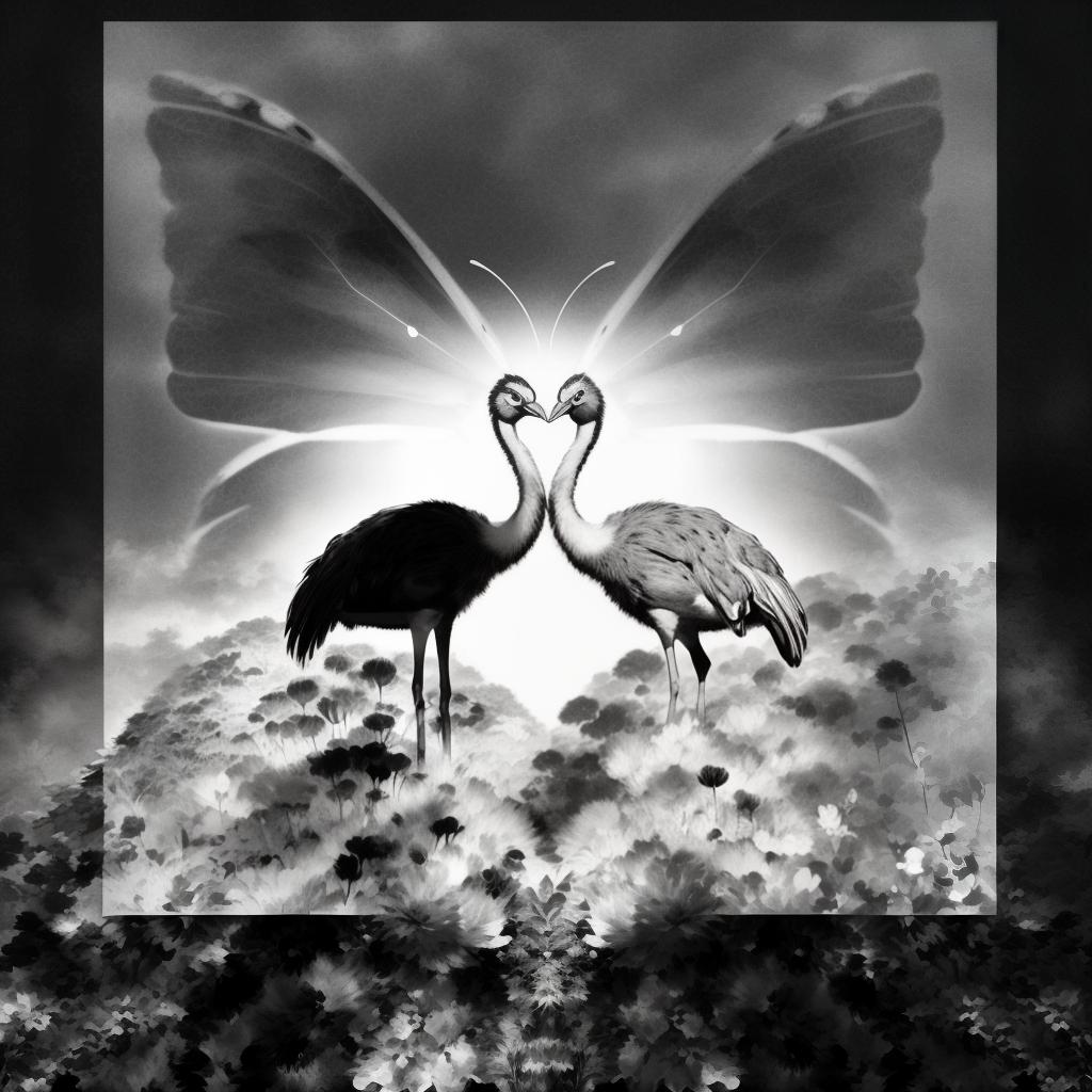  an abstract picture of, two ostriches with bold eyes, forming a face and a body of another flying butterfly at their background, , hyperrealistic, high quality, highly detailed, perfect lighting, intricate, sharp focus, f/1. 8, 85mm, (centered image composition), (professionally color graded), ((bright soft diffused light)), trending on instagram, HDR 4K, 8K