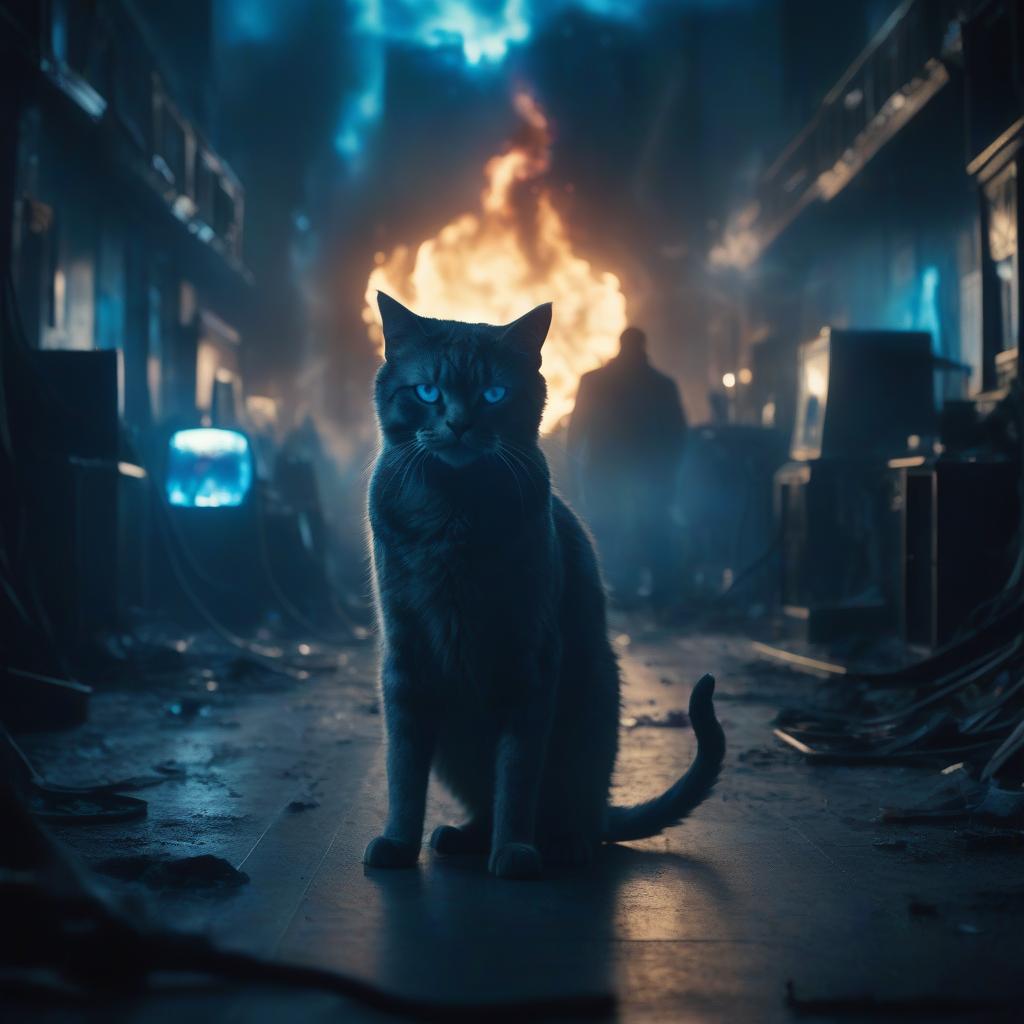  cinematic film still a very large two tailed evil cat, the cat is not fluffy, looks at the man standing in front of her, the man stands in the frame, blue lights are burning around, and chaos and devastation are everywhere . shallow depth of field, vignette, highly detailed, high budget, bokeh, cinemascope, moody, epic, gorgeous, film grain, grainy