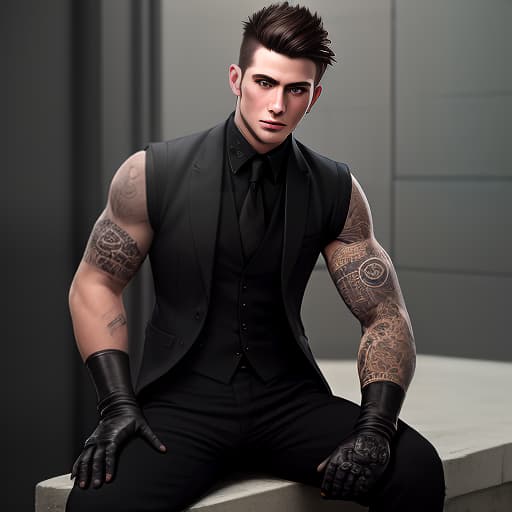  brunette guy with short hair, black vest, tattoos on his arms. half gloves, black pants, boots on feet, realistic appearance. undercover agent