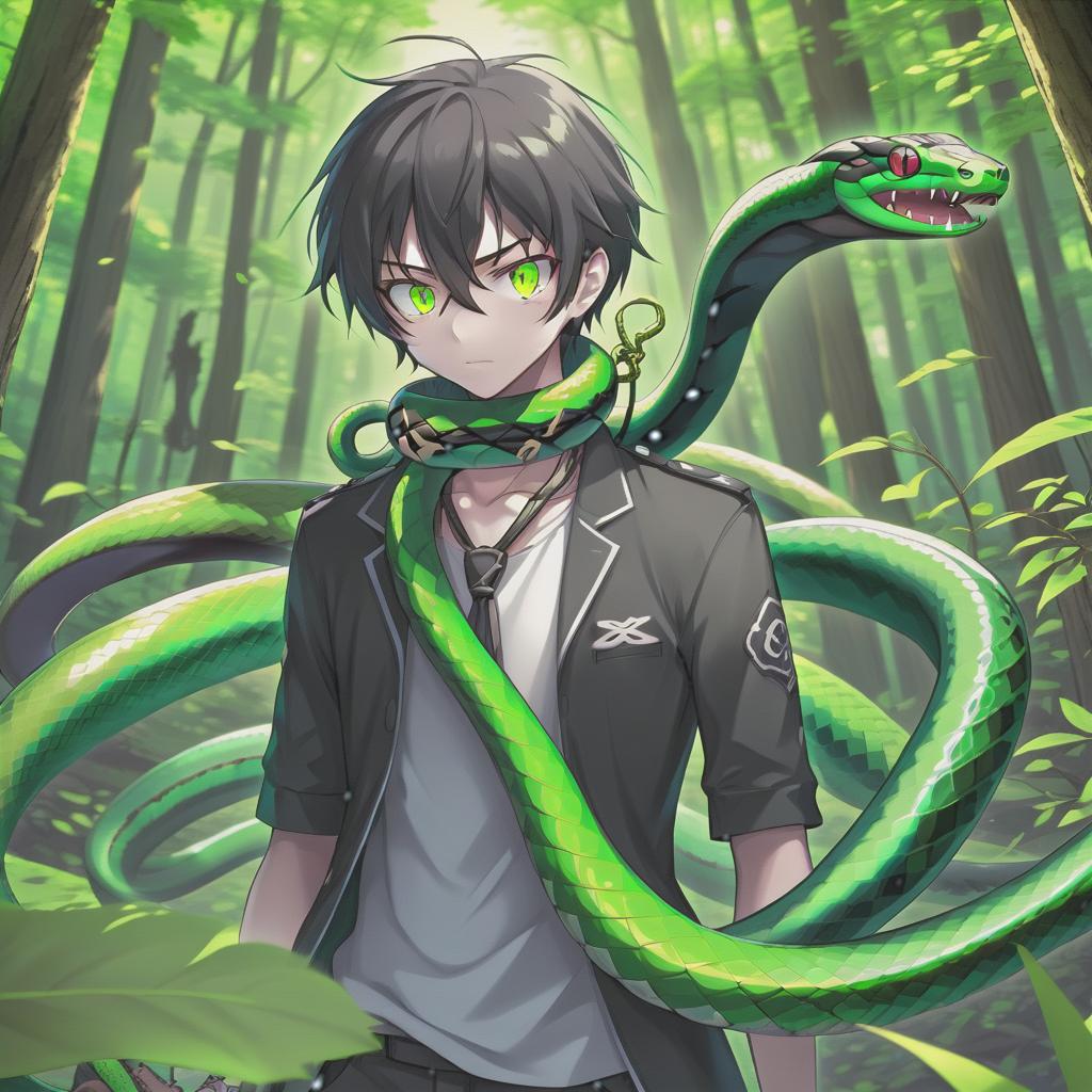  anime artwork anime man with a green snake around his neck with snake eyes, the main colors are black and green, in the forest . anime style, key visual, vibrant, studio anime, highly detailed, sticker