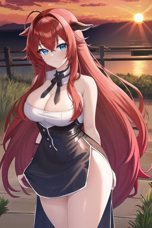  no mo ,masterpiece, best quality, 1women, long red hair, looking at viewer, :3, cute, black uniform, outdoors, streets, cow shot, curvy, (((blue eyes))), rias gremory, red hair, antenna hair, wavy hair, ((beautiful detailed eyes, beautiful detailed glow, lots of glow)), anime screencap,sunset, sunset behind her, sunset background, masterpiece, best quality, high quality, solo