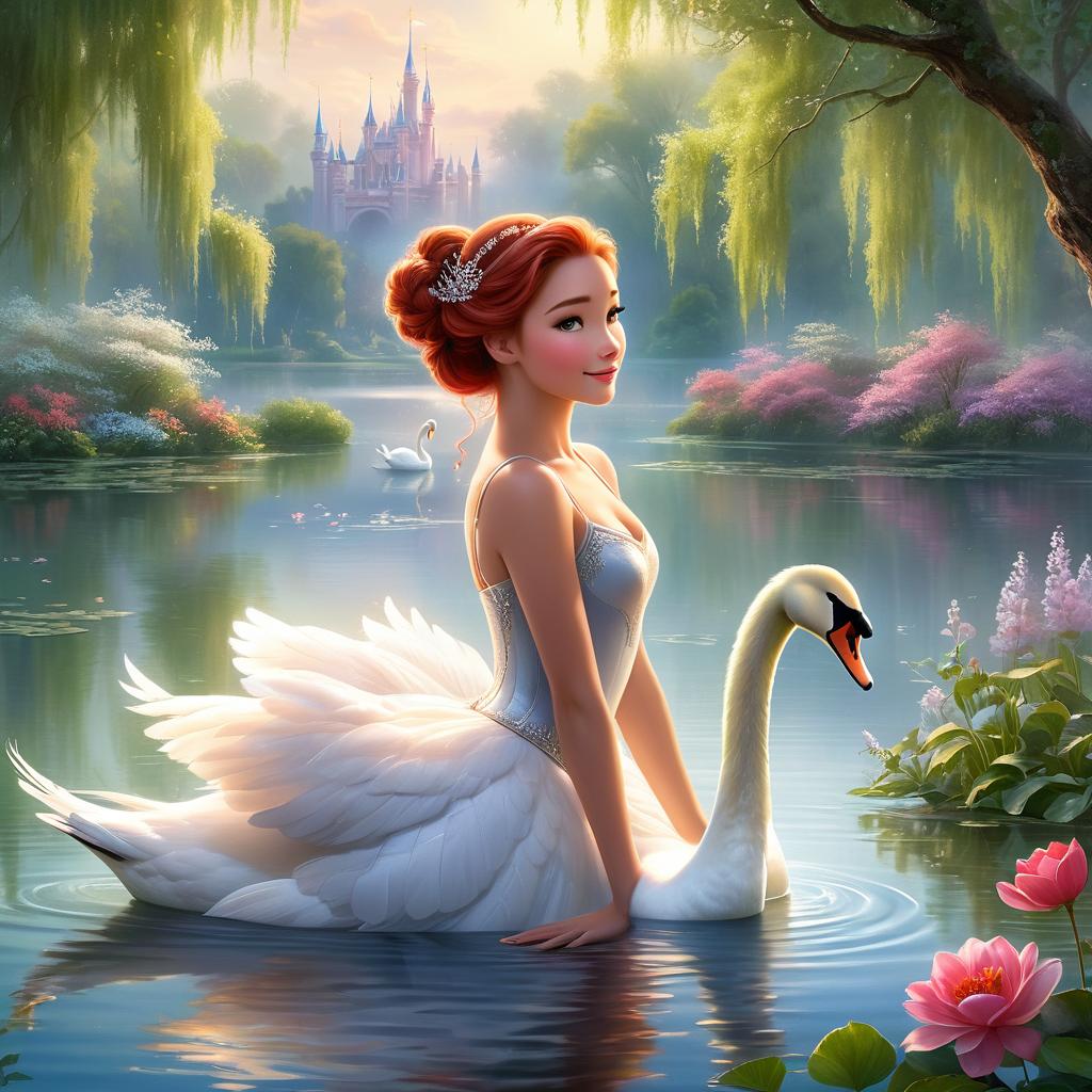  in 3d animated movie style. disney pixar style. subject description: serena, a graceful ballet dancer in her early 20s, with long flowing red hair tied in a bun, and silver the gentle swan, majestic and serene, with a shimmering silver crown on its head, stand elegantly amidst a tranquil lake. they are surrounded by enchanted animals, their eyes expressing admiration and reverence towards serena. environment description: the setting is a serene lake surrounded by lush greenery, graceful willow trees, and vibrant blooming flowers. a soft mist hovers above the water, creating a dreamy atmosphere. the scene exudes a sense of magic and tranquility. art style: delicate and ethereal watercolor painting style, capturing the graceful movements and 