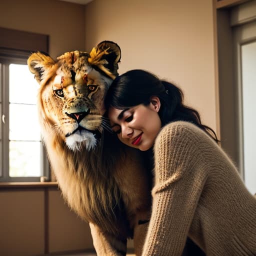  a big cat hugs a cute girl in the living room,pokemon,lion hyperrealistic, full body, detailed clothing, highly detailed, cinematic lighting, stunningly beautiful, intricate, sharp focus, f/1. 8, 85mm, (centered image composition), (professionally color graded), ((bright soft diffused light)), volumetric fog, trending on instagram, trending on tumblr, HDR 4K, 8K