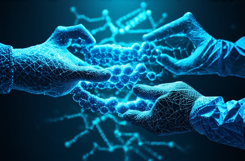  professional detailed photography, 3d lowpoly illustration of human hands interacting and controlling dna, crispr, biotechnology ar 3:2, (muted colors, dim colors, soothing tones), (vsco:0.3)