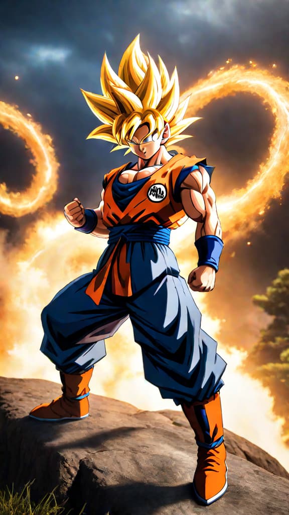  create an anime art of goku from dragon ball exploring a divine or primal form evolution. hyperrealistic, full body, detailed clothing, highly detailed, cinematic lighting, stunningly beautiful, intricate, sharp focus, f/1. 8, 85mm, (centered image composition), (professionally color graded), ((bright soft diffused light)), volumetric fog, trending on instagram, trending on tumblr, HDR 4K, 8K