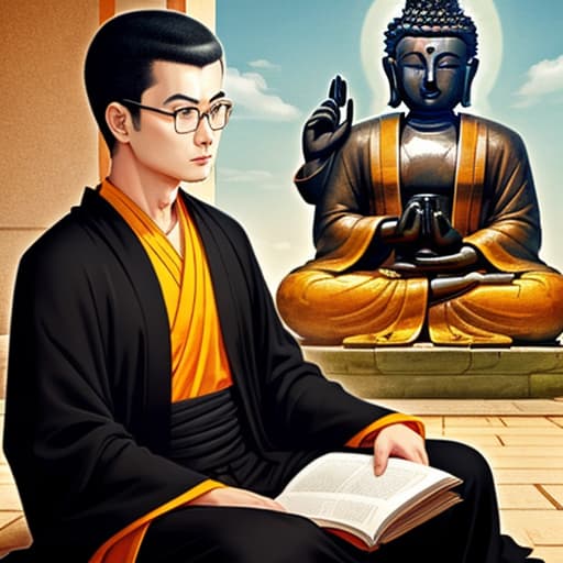  A Buddhist monk with thick eyebrows wearing a black robe and glasses sitting in front of a Buddha statue has a smooth head Retro