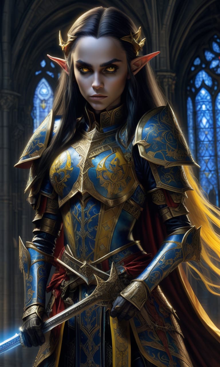  a warhammer 40000 elf wisard female character in ornate armor stands confidently with a sword in hand. the armor features black and yellow, with intricate patterns, red gemstones, runes glowing blue. the character has a determined expression, long hair, and pointed elven ears the background is a catholic cathedral at dusk.