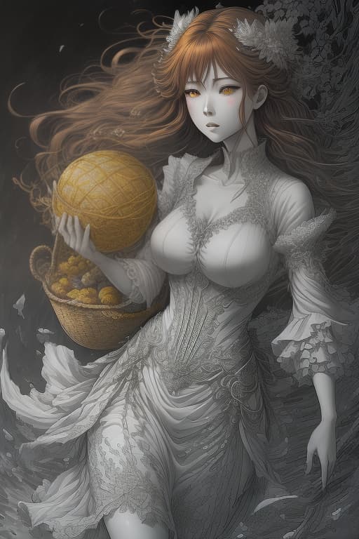  Rusalka holds a basket of stones, Rusalka with a yellow tail and brown hair, on her hair she has a starpin., Sketch, Manga Sketch, Pencil drawing, Black and White, Manga, Manga style, Low detail, Line art, vector art, Monochromatic, by katsuhiro otomo and masamune shirow and studio ghilibi and yukito kishiro hyperrealistic, full body, detailed clothing, highly detailed, cinematic lighting, stunningly beautiful, intricate, sharp focus, f/1. 8, 85mm, (centered image composition), (professionally color graded), ((bright soft diffused light)), volumetric fog, trending on instagram, trending on tumblr, HDR 4K, 8K