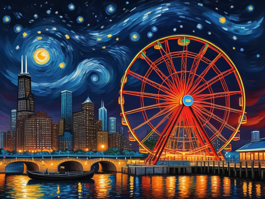  concept art chicago’s centennial ferris wheel, chicago’s navy pier, van gogh's starry starry night with colorful red and orange swirls in the beautiful night sky, chicago skyline with colorful van gogh swirls in the sky, hyper realistic, chicago skyline, mesmerizing, intricate details, flambient golden and red sunrise, dramatic lighting, epic composition, wide angle, cinematic, masterpiece, high resolution, sharp details, best quality, 4k, raw photo, van gogh influence, studio lighting, impressionist, bold colors, starry sky, architectural elements, medium format lens, high angle, cityscape, city life, metropolitan, van gogh's brushstrokes, van gogh's shadows, van gogh's colors, van gogh's textures, nighttime, city scene, streets, night