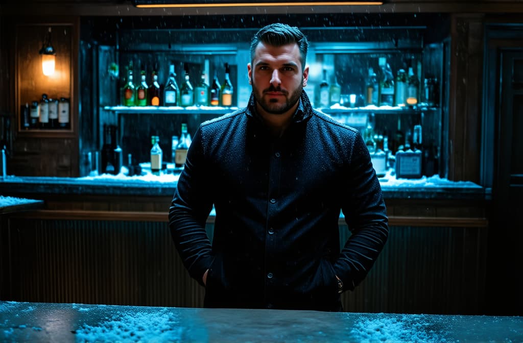  professional detailed photography, close up of a bartender standing in a gloomy bar in front of a bar counter in the snow, looking at the camera. ar 3:2, (muted colors, dim colors, soothing tones), (vsco:0.3)