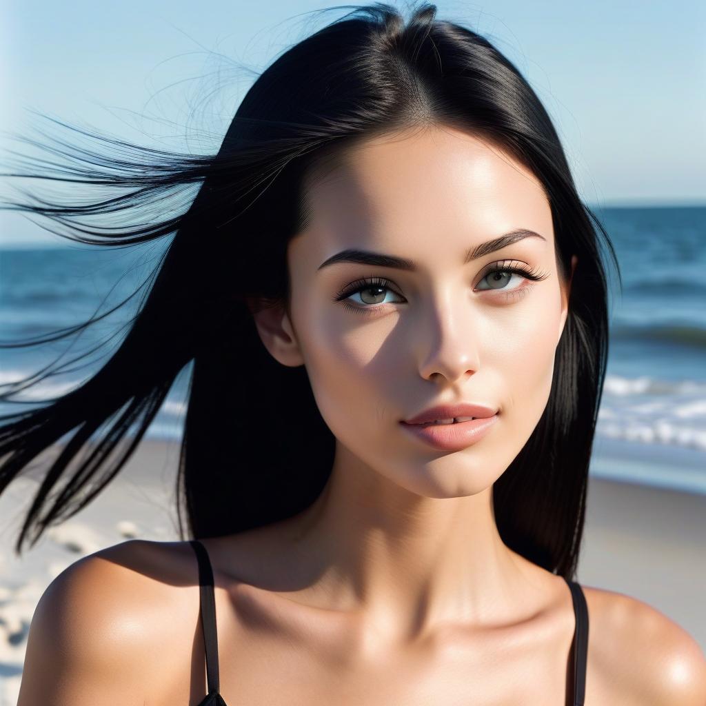  girl. s. . full height. thin lips. straight thin nose. chin. black straight hair. eyelashes. light skin. on the beach, perfect hands