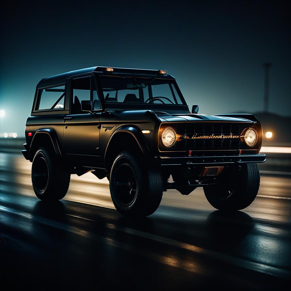  cinematic film still black, brutal lamborghini ford bronco at night on the highway . shallow depth of field, vignette, highly detailed, high budget, bokeh, cinemascope, moody, epic, gorgeous, film grain, grainy