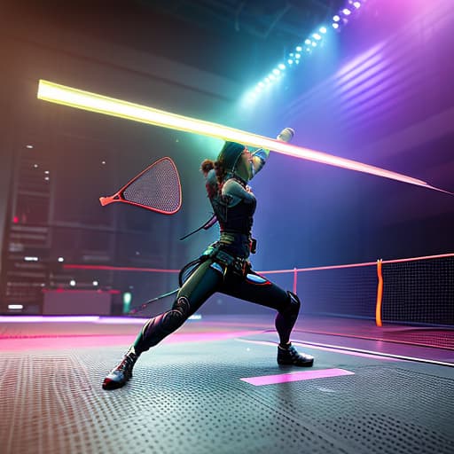 nvinkpunk badminton hyperrealistic, full body, detailed clothing, highly detailed, cinematic lighting, stunningly beautiful, intricate, sharp focus, f/1. 8, 85mm, (centered image composition), (professionally color graded), ((bright soft diffused light)), volumetric fog, trending on instagram, trending on tumblr, HDR 4K, 8K