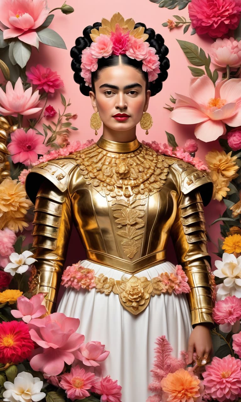  concept art color pink, white, black, gold courtroom frida kahlo in gold armor many flowers . digital artwork, illustrative, painterly, matte painting, highly detailed, perfect hands