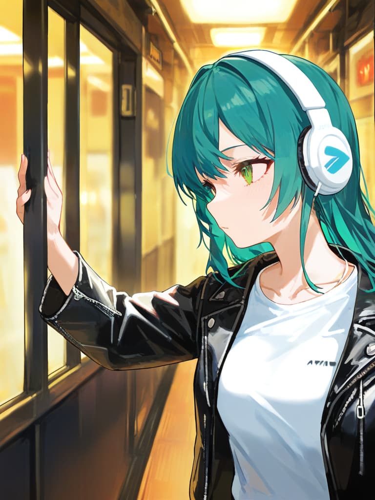  (cool beautiful girl:1.5)(green hair color:1.5)(long hair:1.5)(headphone🎧:1.7)(in white t shirt and leather jacket:2.0)(in train:1.2)(upper body only)masterpiece,high quality,16k,super analysis