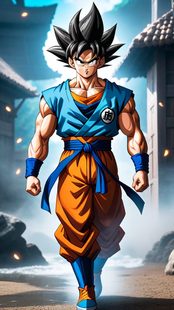  anime art: goku in super saiyan blue, contrasting super saiyan 4 from dragon ball super's unique direction. hyperrealistic, full body, detailed clothing, highly detailed, cinematic lighting, stunningly beautiful, intricate, sharp focus, f/1. 8, 85mm, (centered image composition), (professionally color graded), ((bright soft diffused light)), volumetric fog, trending on instagram, trending on tumblr, HDR 4K, 8K