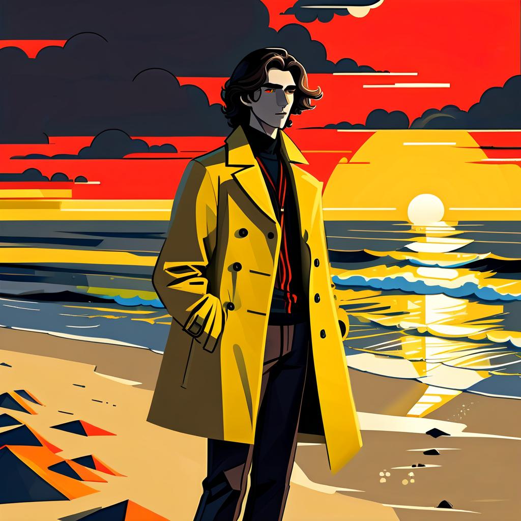  constructivist style a young man stands on the beach. he has long dark brown hair that gently falls on his shoulders, and his face, with jewish and slavic features, exudes calmness with brown eyes. he is dressed in a bright yellow coat that immediately attracts attention and contrasts with the surrounding landscape. under the coat is a black shirt, and black pants are additionally decorated with yellow elements, creating a harmonious and stylish image. the sun sets over the horizon, shrouding everything around in red shades, and bright red stripes lie on the surroundings contrasting with the darkness and creating a magical atmosphere. . geometric shapes, bold colors, dynamic composition, propaganda art style