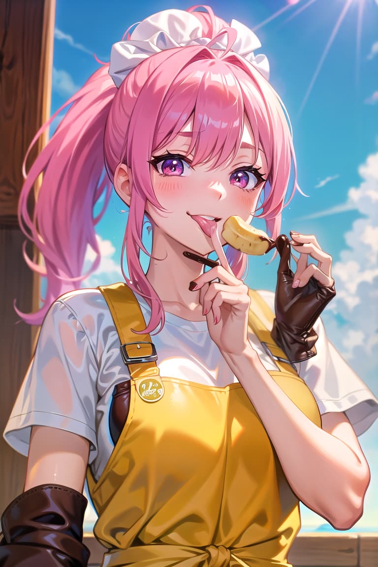  r 18, , middle , pink haired ,ponytail,large eyes,t shirts, , tongue,A woman,A woman, with a mischievous glint in her eye, holds a chocolate covered banana suggestively, her tongue king out to the sweet treat. She wears a flirty apron, nothing else, and her expression is one of pure temptation. With a smile, she takes the banana in her mouth, ing and ing ly, enjoying the taste of chocolate and fruit. The camera captures the moment of indulgence, focusing on her lips wrapped around the banana and the sticky chocolate covering her mouth.