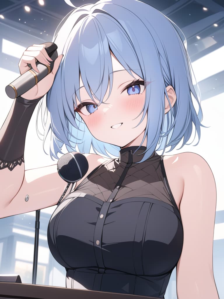  light blue hair, light blue, bob hair, with a microphone, yay, live, masterpiece, best quality,8k,ultra detailed,high resolution,an extremely delicate and beautiful,hyper detail