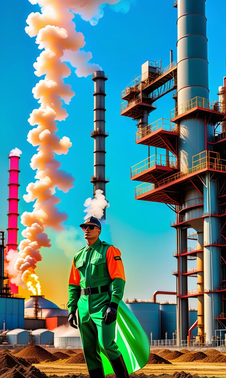  expressionist a clear field against the background of an oil refinery against a clear blue sky . raw, emotional, dynamic, distortion for emotional effect, vibrant, use of unusual colors, detailed hyperrealistic, full body, detailed clothing, highly detailed, cinematic lighting, stunningly beautiful, intricate, sharp focus, f/1. 8, 85mm, (centered image composition), (professionally color graded), ((bright soft diffused light)), volumetric fog, trending on instagram, trending on tumblr, HDR 4K, 8K