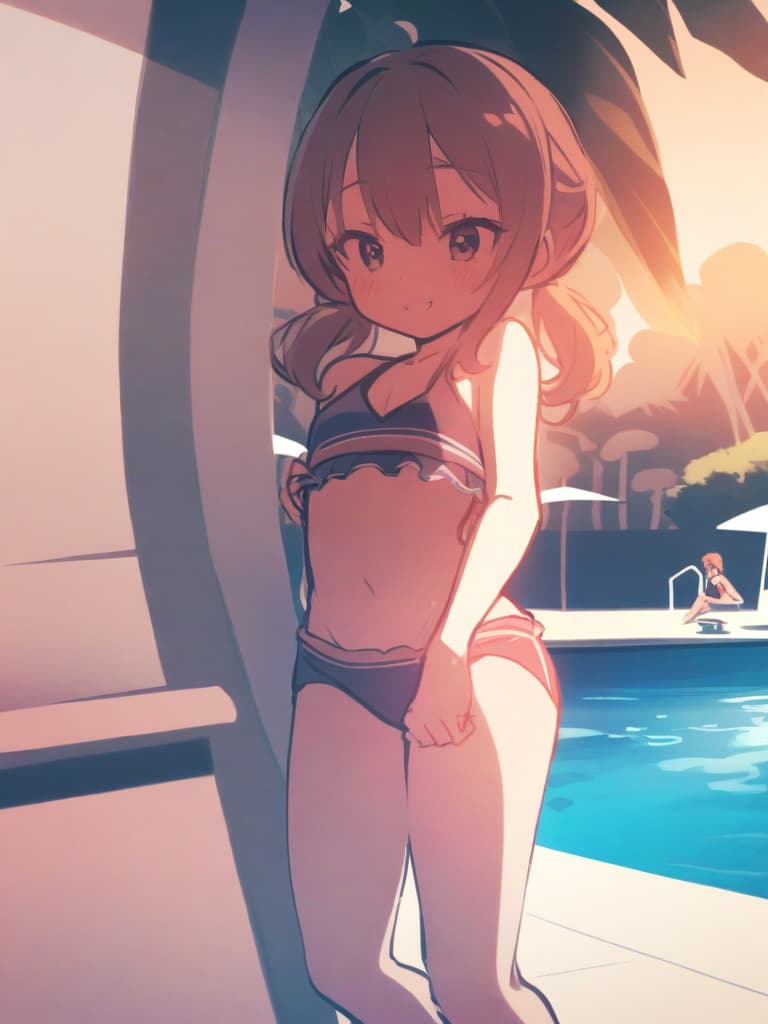  junior high s, twin tails, cute smiles, swimwear, (male) s, , male (bulging,), whole body, pool side,