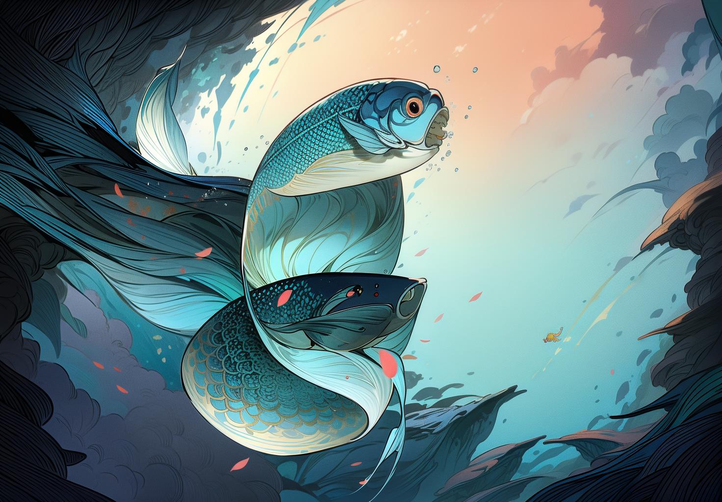  best quality, masterpiece, elegant line art, blue theme, fish, solo, dynamic lines, intricate line work, smooth and flowing lines, artistic composition, high detail, exquisite design, harmonious, vibrant and dynamic, 8k resolution, crisp and clear, minimalist, refined line art, graceful fish, colorful coral, lush water plants, underwater scenery, detailed background elements, vibrant aquatic environment