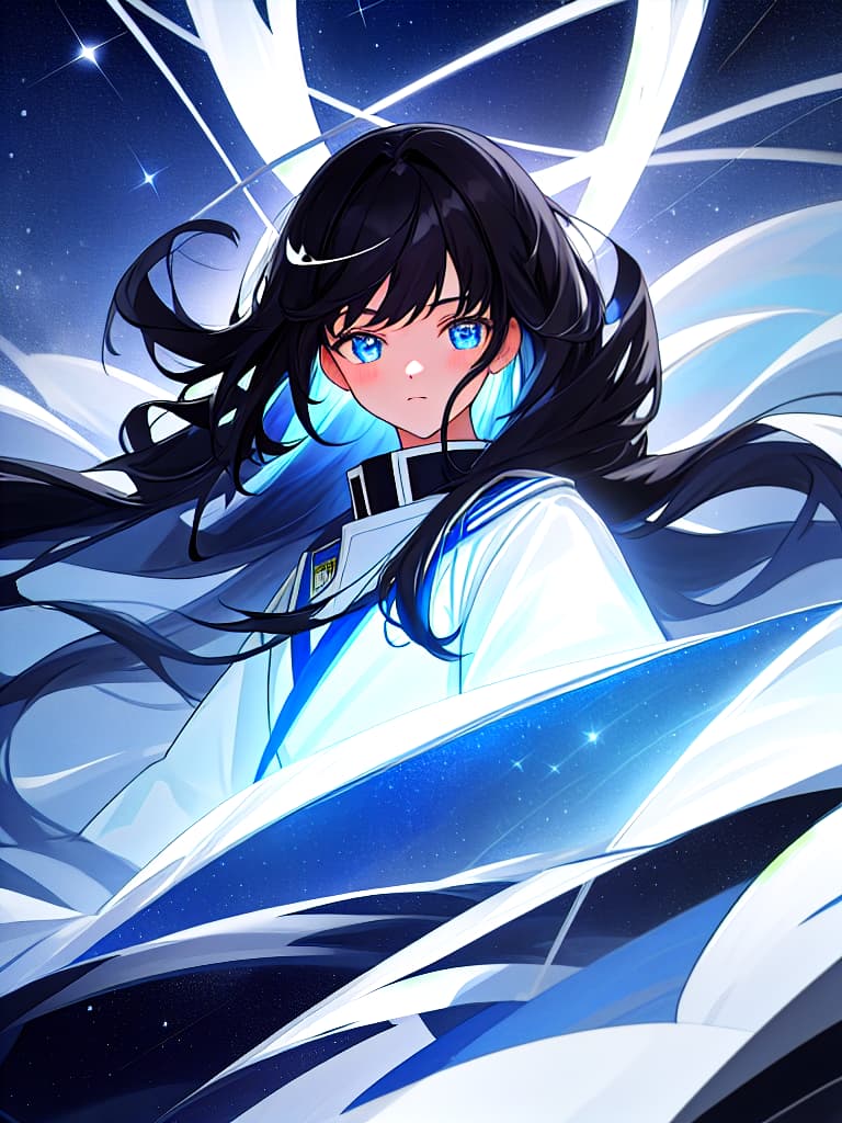  High school girls, blue eyes, black hair long, white uniform, starry sky in different worlds, masterpiece, best quality,8k,ultra detailed,high resolution,an extremely delicate and beautiful,hyper detail