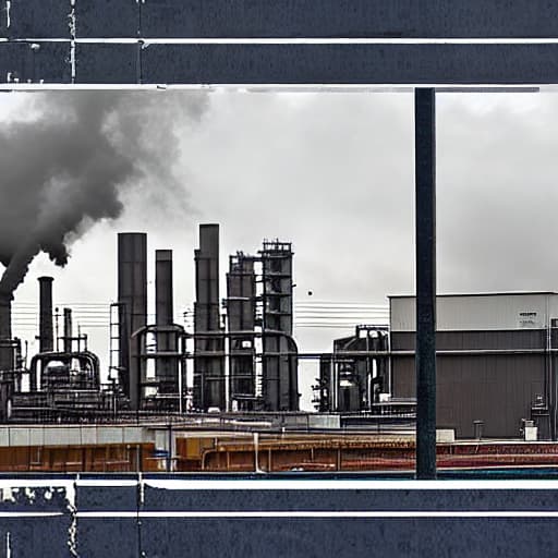  *8. Ace Chemicals Plant* Design a street view image of the downtown Gotham City (Batman) Ace Chemicals Plant's exterior, highlighting its industrial structure, smokestacks, and hazardous surroundings, greys and dark blues and green hues