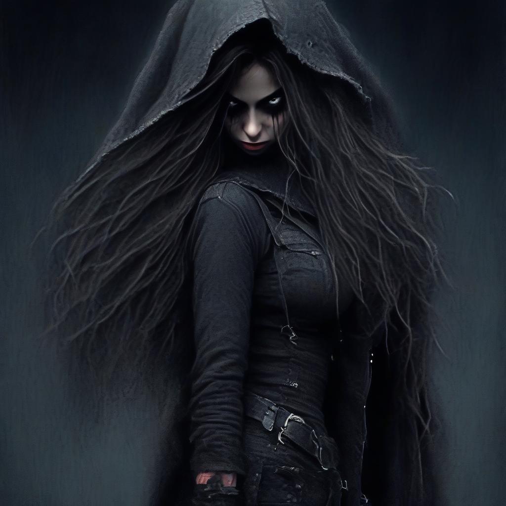  macabre style a female thief with long hair behind her back, with a wick gun in her hand, full length. . dark, gothic, grim, haunting, highly detailed, perfecteyes, perfect hands