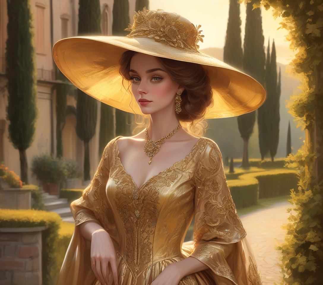  an elegant woman in a wide brimmed hat and ornate dress stands before a golden tuscan landscape at sunset majestic italian noblewoman, detailed eyes, proud countenance, flowing dark hat, captivating gaze, ornate clothing, elaborate accessories, billowing scarves, theatrical presence, twilight in tuscany, undulating landscapes, iconic cypress groves, rich golden sunrays, luxurious textures, fine details, vibrant colors, italian elegance, skilled brushwork, enchanting atmosphere, high resolution digital painting.