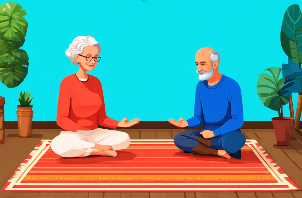  cute old lady and man sitting on the rug and meditating. style flat illustration ar 3:2 {prompt}, maximum details