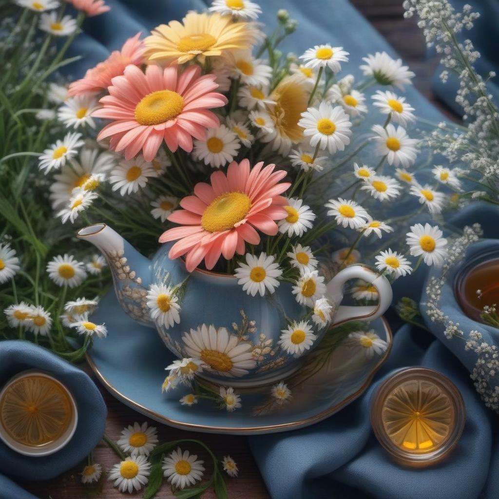  A cup of tea and a bouquet of daisies hyperrealistic, full body, detailed clothing, highly detailed, cinematic lighting, stunningly beautiful, intricate, sharp focus, f/1. 8, 85mm, (centered image composition), (professionally color graded), ((bright soft diffused light)), volumetric fog, trending on instagram, trending on tumblr, HDR 4K, 8K