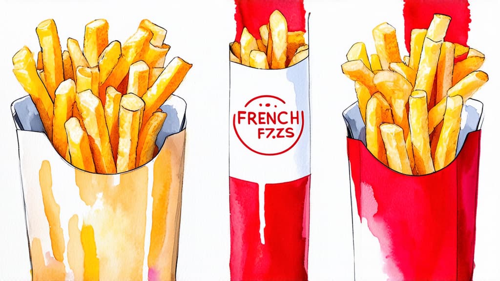  artwork pencil drawn french fries in packaging ar 16:9, watercolor techniques, featuring fluid colors, subtle gradients, transparency associated with watercolor art