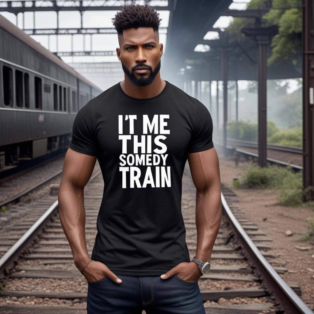  A t-shirt design with the text 'I’m over this shit, somebody stop the train'. The text should be bold and eye-catching, in a playful or distressed font. Incorporate a simple graphic of a train or train tracks to visually tie in the theme. Use contrasting colors like white text on a black or dark-colored t-shirt to make the words stand out. The design should be centered on the front of the t-shirt for maximum impact. hyperrealistic, full body, detailed clothing, highly detailed, cinematic lighting, stunningly beautiful, intricate, sharp focus, f/1. 8, 85mm, (centered image composition), (professionally color graded), ((bright soft diffused light)), volumetric fog, trending on instagram, trending on tumblr, HDR 4K, 8K